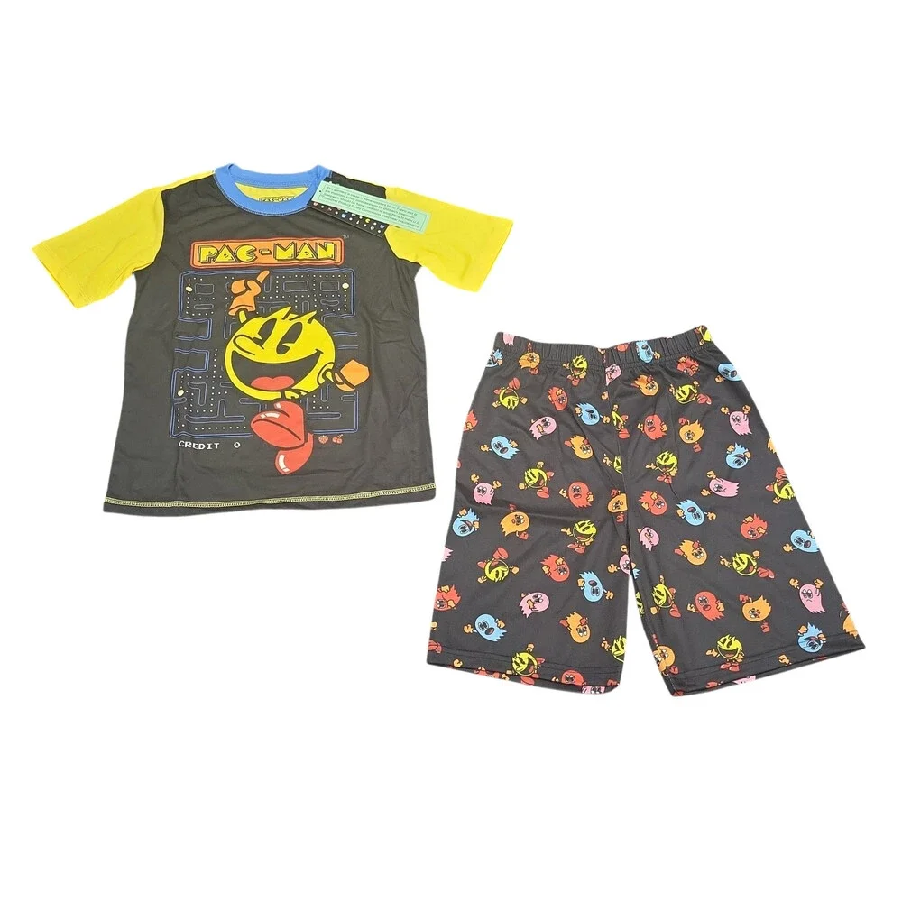 Boys Pac-Man Short Sleeve Top Shorts Pajama Set with Slide Sandals Black Size 8